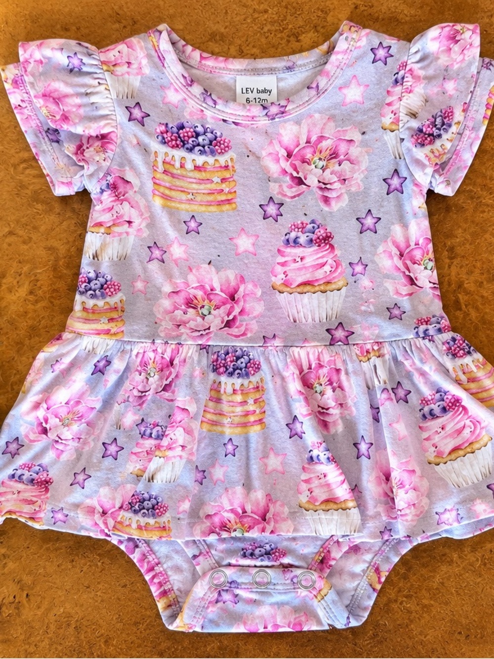 LEV Baby Bamboo Ruffle Bodysuit Dress 6–12M Birthday Print
